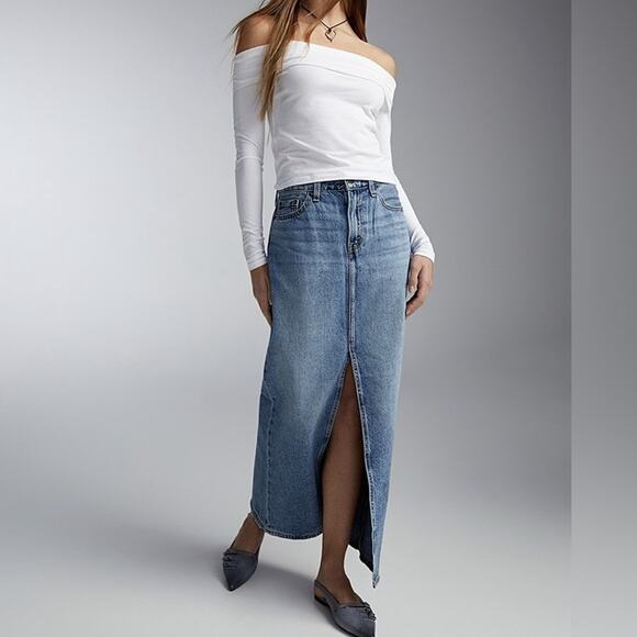 Levis Premium Denim Maxi Skirt Front Slit Size 32 - Picture 1 of 7